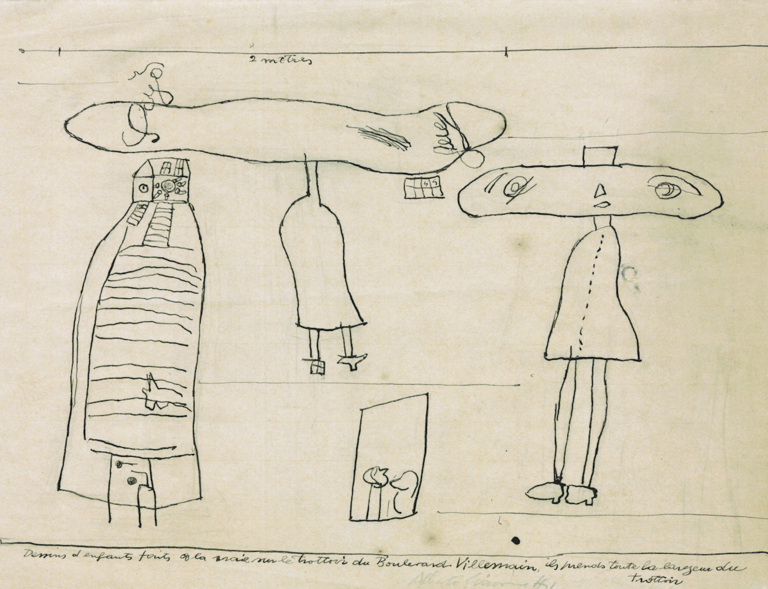 Fondation Giacometti -  Alberto Giacometti, Copie d'après des dessins d'enfants faits à la craie sur le trottoir du Boulevard Villemain, 1932, encre, 17,20 x 22,60, coll.Fondation Giacometti, Paris. 2017-0128