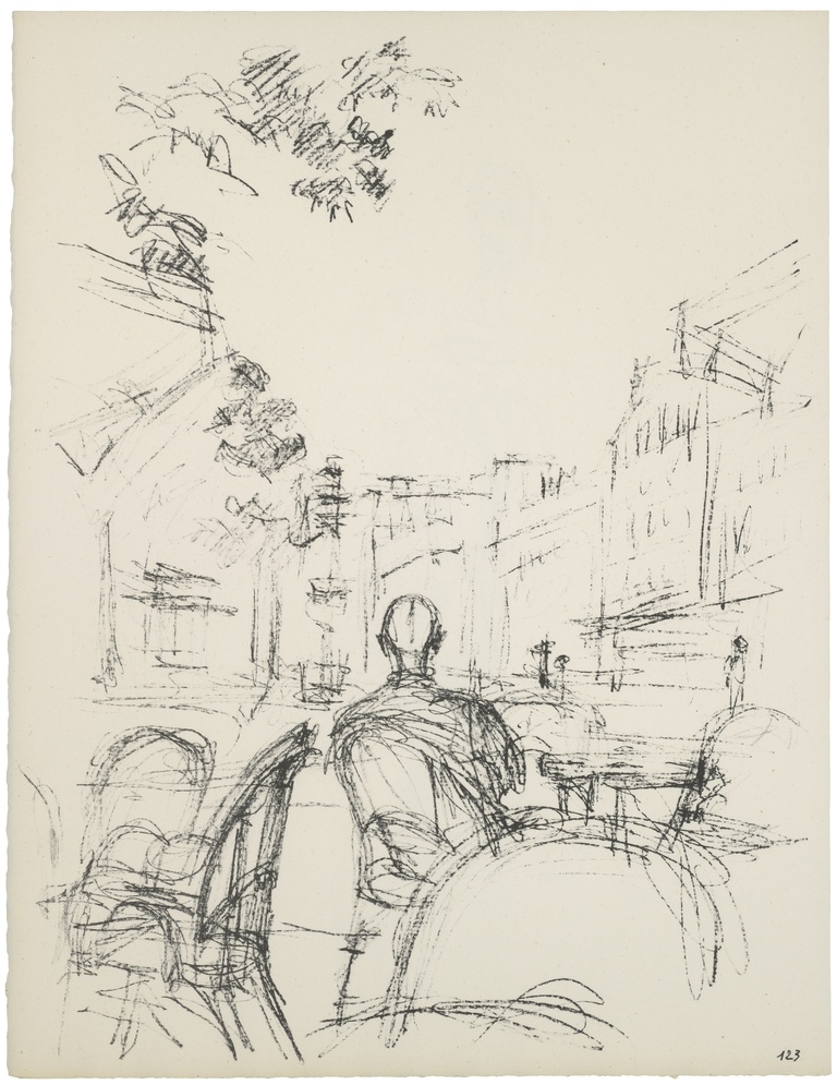 Fondation Giacometti -  Alberto GIacometti Terrasse de café I, planche 123 de Paris sans fin 1969