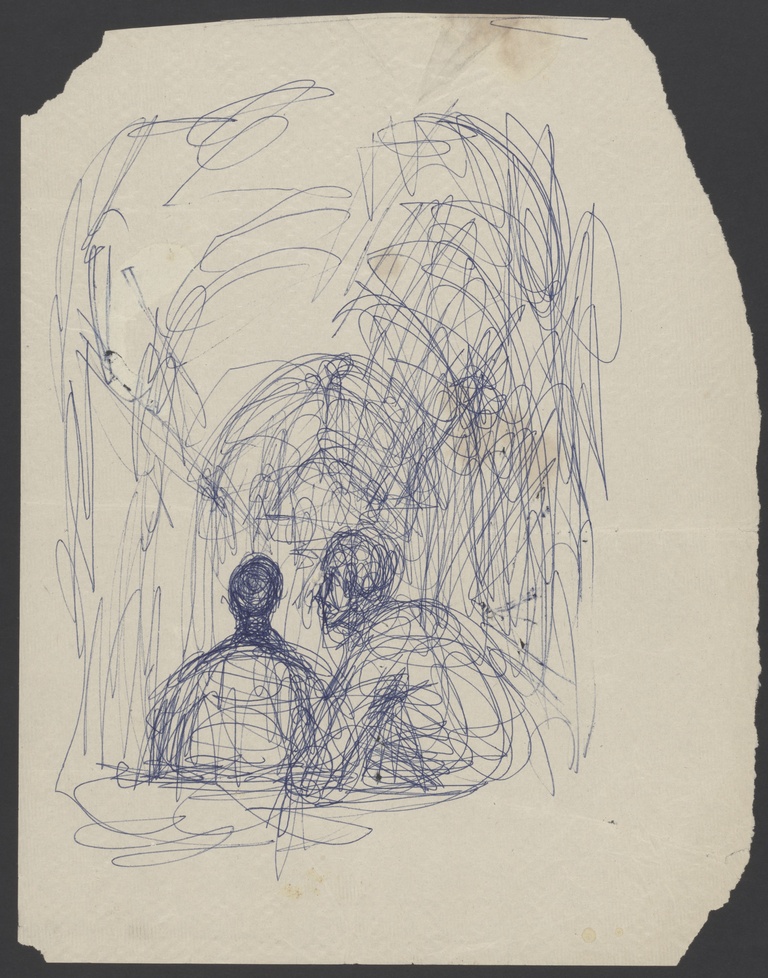 Fondation Giacometti -  Alberto GIacometti, Deux hommes en buste de dos dans un intérieur,  1955 1965