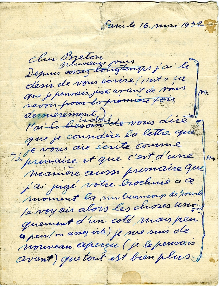 Fondation Giacometti -  Alberto Giacometti, Projet de lettre à André Breton, 16 mai 1932, 2003-4496