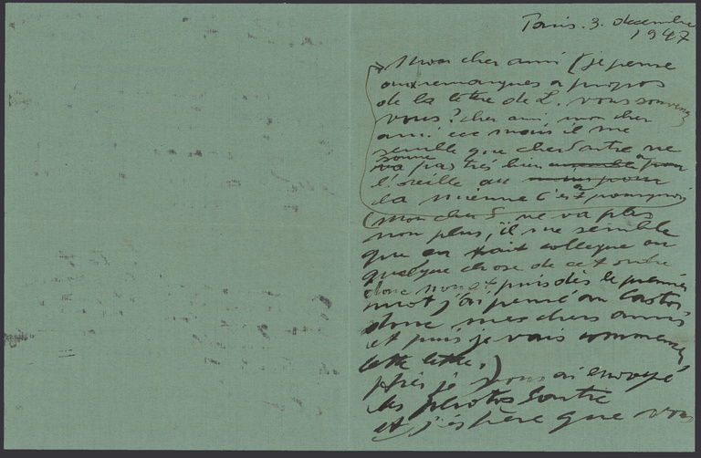 Fondation Giacometti -  Lettre de Alberto Giacometti à Jean Paul Sartre 1947