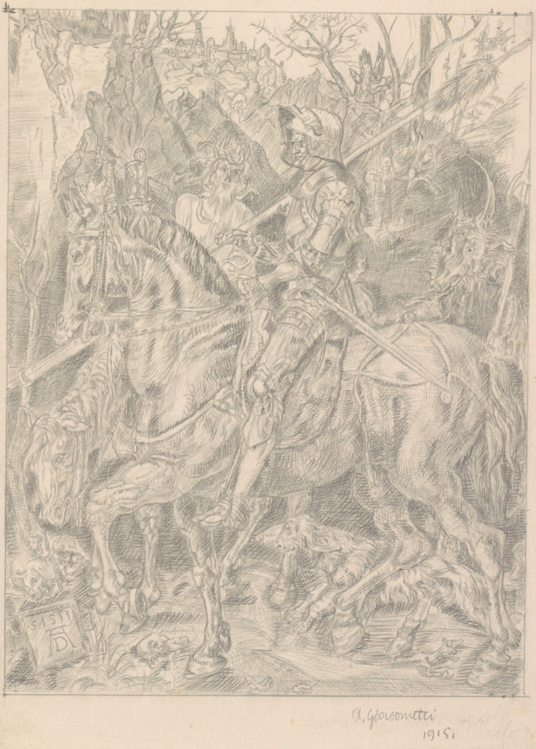 Fondation Giacometti -  D’après Dürer : Le Chevalier, la Mort et le Diable, 1915, crayon, coll. Fondation Giacometti, Paris. 1994-0773