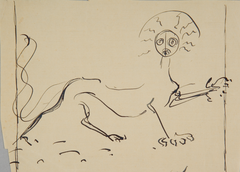 Fondation Giacometti -  Lion à tête stylisée, projet pour André Breton, L'Air de l'eau, 1934, plume et encre, 11,70 x 15,20 cm, coll.Fondation Giacometti, Paris.