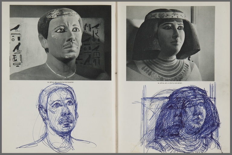 Fondation Giacometti -  D'après une sculpture égyptienne : statue de Rahotep dans Encyclopédie photographique de l'Art. Le Musée du Caire, 1949, à partir de 1949, stylo bille bleu, 32,00 x 25,70, coll.Fondation Giacometti, Paris. 1994-2328