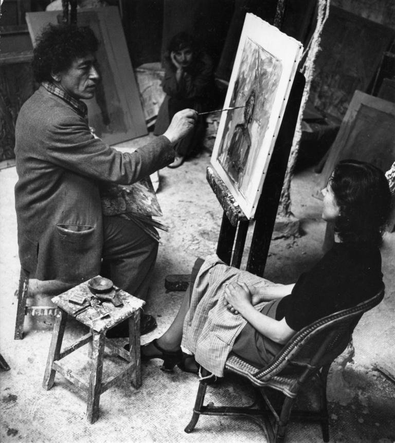 Fondation Giacometti -  Ernst Scheidegger, Alberto Giacometti peignant le portrait d'Annette dans l'atelier, 1951, coll.Fondation Giacometti, Paris