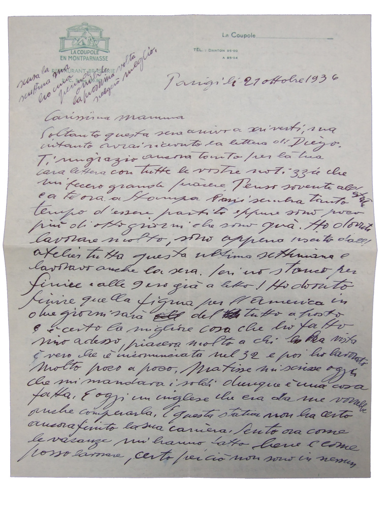Fondation Giacometti -  Lettre d'Alberto Giacometti à Annetta Giacometti