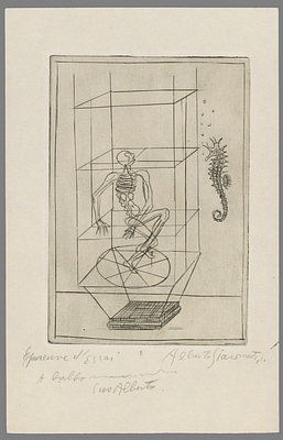 Fondation Giacometti -  [Skeleton in a Cage and Seahorse (frontispiece for René Crevel, « Les Pieds dans le plat », Paris, 1933)]
