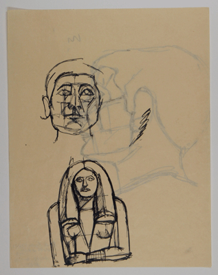 Fondation Giacometti -  [D'après deux sculptures égyptiennes : tête du Scribe accroupi et buste de Dame Nésa] (recto) / [D'après une sculpture égyptienne : tête du Scribe accroupi] (verso)